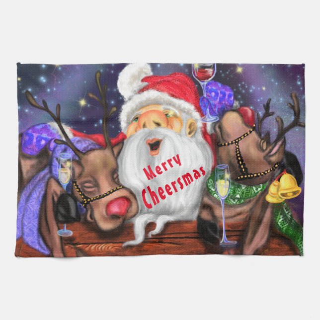 Funny Kitchen Towel Santa with Reindeers (Horizontal)