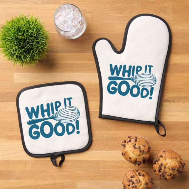 Funny Kitchen Whip It Good Chef Cooking Lover Oven Mitt & Pot Holder Set (Top Down)
