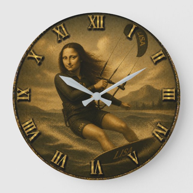 Funny Kitesurfing Mona Lisa  Beach Watersports  Large Clock (Front)