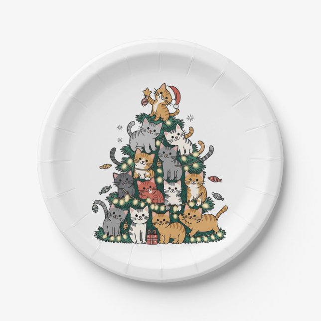 Funny Kitten Christmas Tree Cat Pet Animal Lover  Paper Plate (Front)