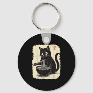 Funny Kitten Eating Ramen Japanese Kawaii Anime Ca Keychain