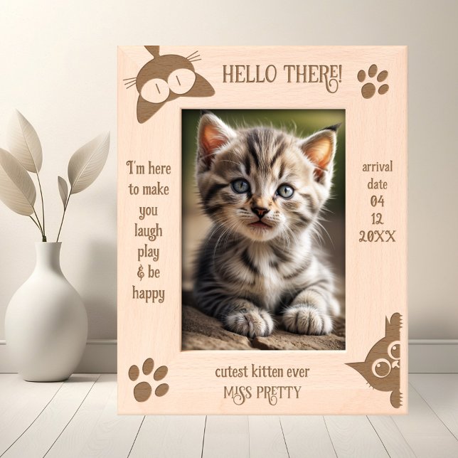 Funny Kitten New Cat Photo  Etched Frames (Funny etched welcome new cat photo frame featuring cute kitten silhouettes with paw prints)