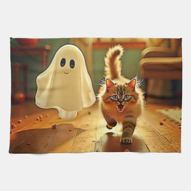 Funny Kitten Spooky Friend Design Kitchen Towel (Horizontal)