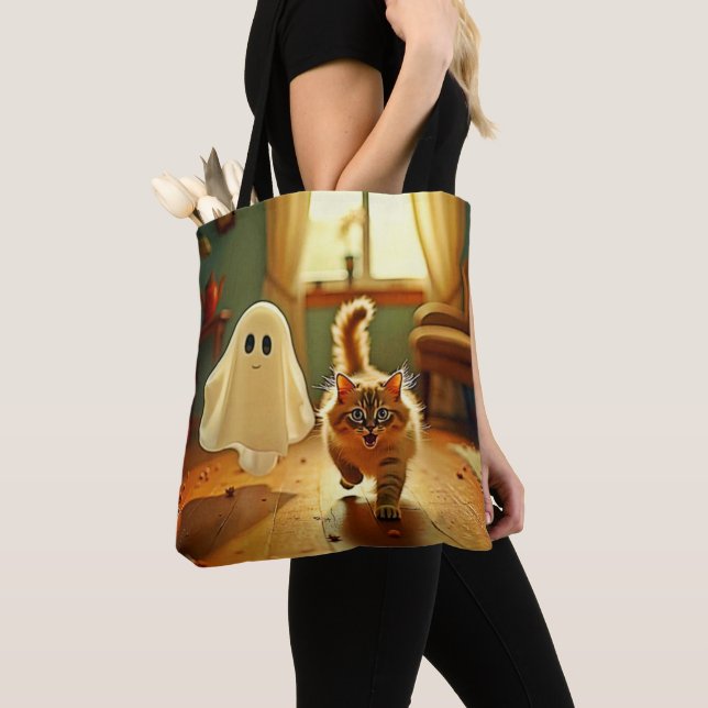 Funny Kitten Spooky Friend Design Tote Bag (Close Up)