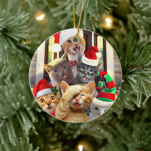 Funny kittens in Christmas Day Ceramic Ornament (Tree)