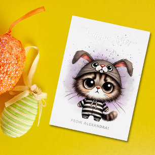 Funny Kitty in Bunny Costume Purple Happy Easter Foil Holiday Card