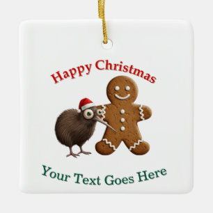 Funny Kiwi Bird in Santa Hat & Gingerbread Man Ceramic Ornament