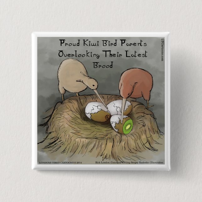 Funny Kiwi Birds Tending Their Fruit 2 Inch Square Button (Front)