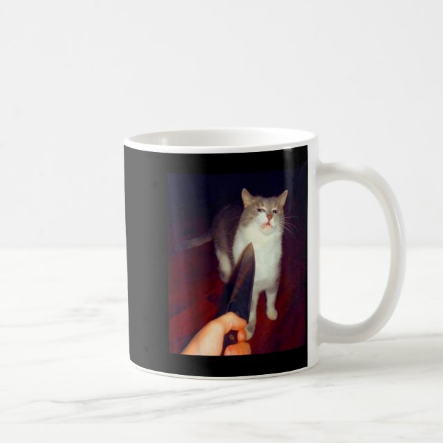 Funny Knife Cat Meme  Coffee Mug (Right)
