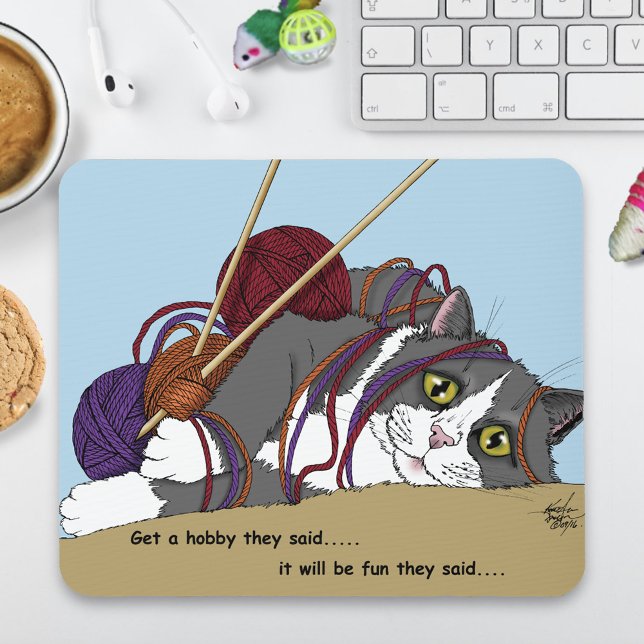 Funny Knitting Cat Tangled Yarn Hobby Humor Mouse Pad (Creator Uploaded)