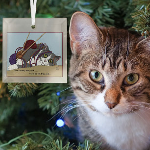 Funny Knitting Cat Tangled Yarn Hobby Humour Glass Ornament