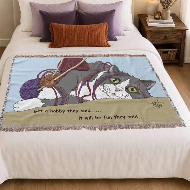 Funny Knitting Cat Tangled Yarn Hobby Humour Throw Blanket (Creator Uploaded)