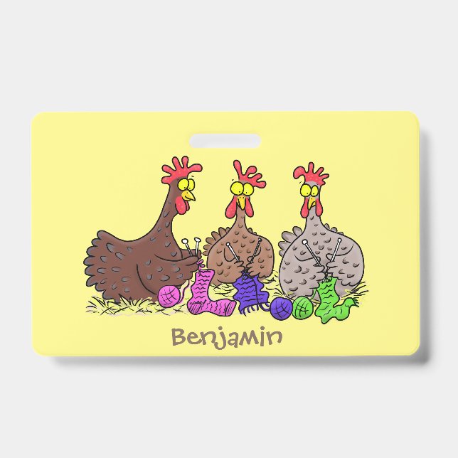 Funny knitting chickens cartoon illustration badge (Front)