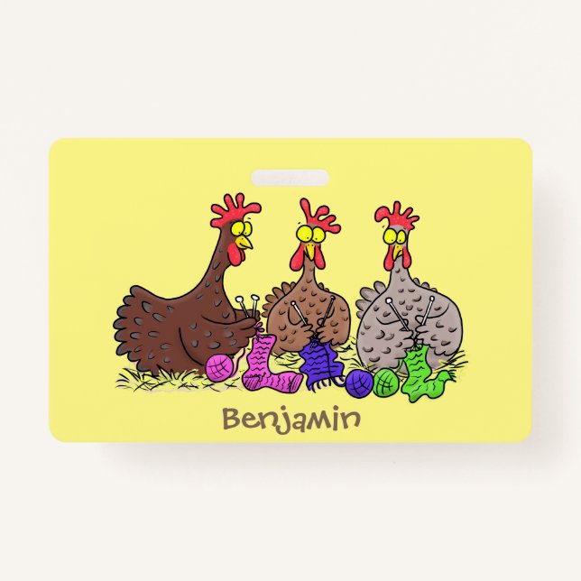 Funny knitting chickens cartoon illustration badge (Front)