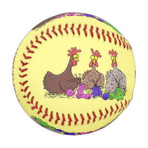 Funny knitting chickens cartoon illustration baseball