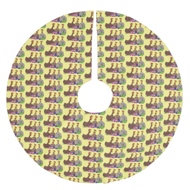 Funny knitting chickens cartoon illustration brushed polyester tree skirt (Front)