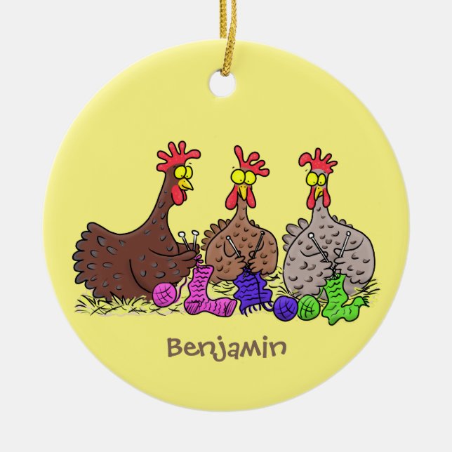 Funny knitting chickens cartoon illustration ceramic ornament (Front)