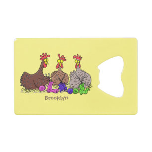 Funny knitting chickens cartoon illustration credit card bottle opener