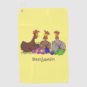Funny knitting chickens cartoon illustration golf towel