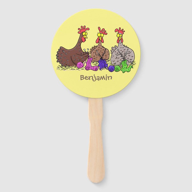 Funny knitting chickens cartoon illustration hand fan (Front)