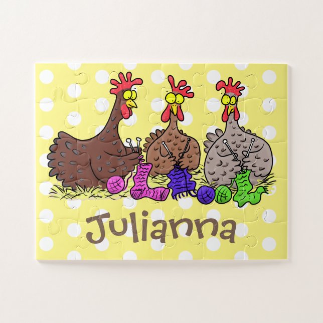 Funny knitting chickens cartoon illustration jigsaw puzzle (Horizontal)