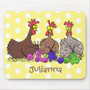 Funny knitting chickens cartoon illustration mouse pad