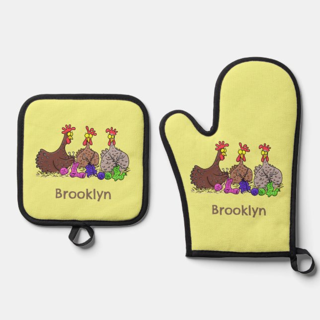 Funny knitting chickens cartoon illustration oven mitt & pot holder set (Front)