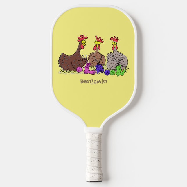 Funny knitting chickens cartoon illustration pickleball paddle (Front)