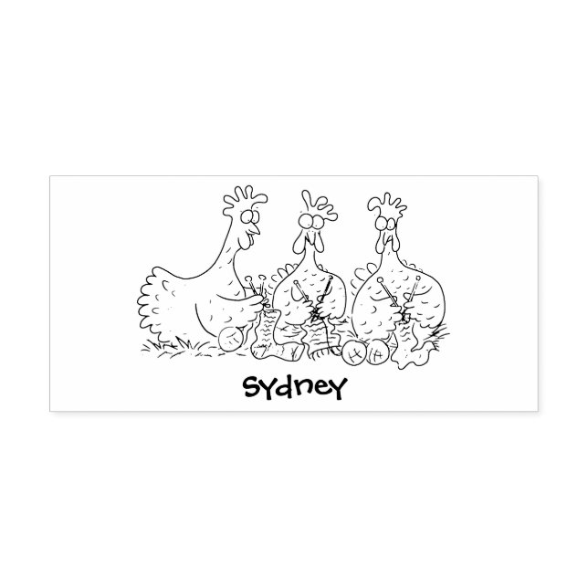 Funny knitting chickens cartoon illustration rubber stamp (Imprint)