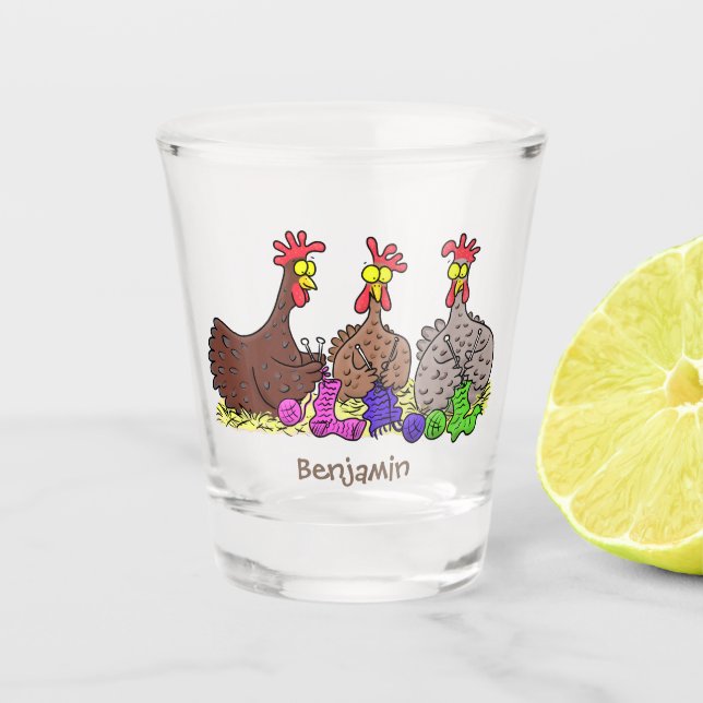 Funny knitting chickens cartoon illustration shot glass (Front)