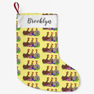 Funny knitting chickens cartoon illustration small christmas stocking