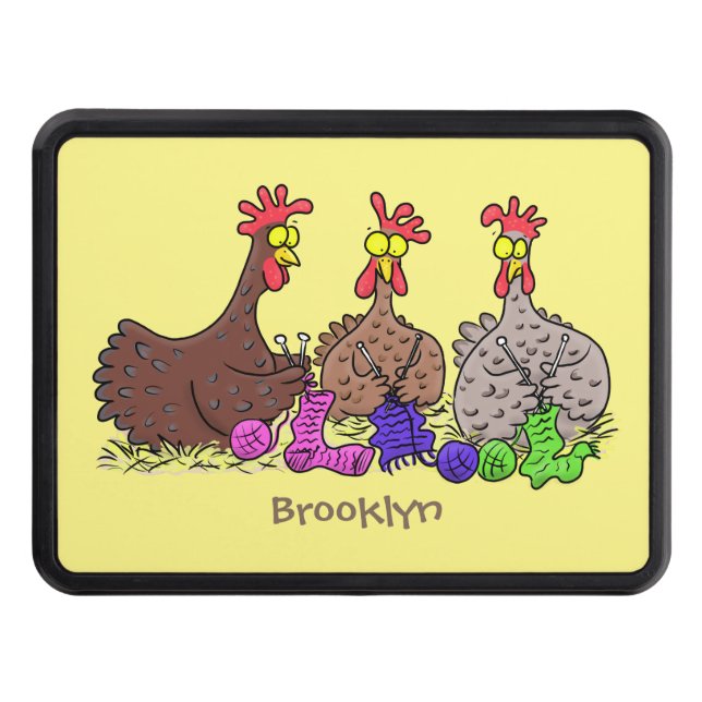 Funny knitting chickens cartoon illustration trailer hitch cover (Front)