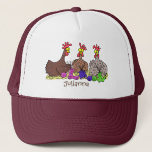 Funny knitting chickens cartoon illustration trucker hat