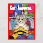 Funny knitting kitty postcard<br><div class="desc">A cute kitty cat happily knits sweaters and socks in bright colours, although in my experience, cats play with balls of yarn somewhat differently from this illustration! Perfect for a knitter or yarn store. You can change the caption or border colour if you'd like. This image is available on other...</div>