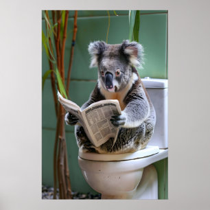 Funny Koala Bathroom Print, Reading Newspaper Poster