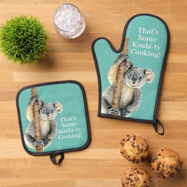 Funny Koala Bear Pun Party Time Cute Animal Oven Mitt & Pot Holder Set (Top Down)
