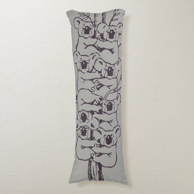 Funny Koalas Climbing Tree Illustration Grey Body Pillow (Front Vertical)