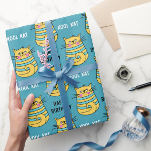Funny Kool Kat Cartoon Blue Birthday Wrapping Paper