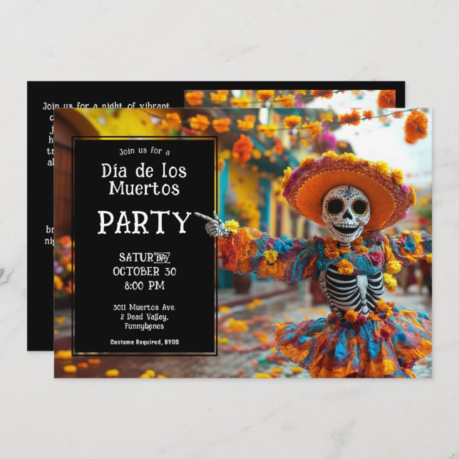 💀 Funny La Calavera in hat with flowers Invitation (Front/Back)