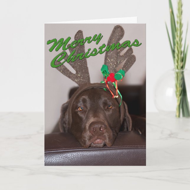 Funny Labrador Glitter Antlers Custom Text Inside Holiday Card (Front)