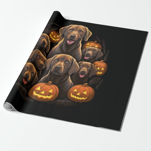 Funny Labrador Retriever Chocolate Pumpkin Hallowe Wrapping Paper (Unrolled)