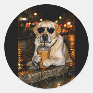 Funny labrador retriever drinking iced coffee cute classic round sticker