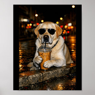 Funny labrador retriever drinking iced coffee cute poster