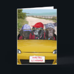 Funny Labs on the Beach Birthday Card<br><div class="desc">A funny birthday card with my great-nephews Labs,  (L to R) Roxy,  Jessie and Duncan.  The text on the license is Happy Birthday in Hawaiian.  The part of the yellow convertible is from a public domain picture.  Inside you can customize the text.</div>