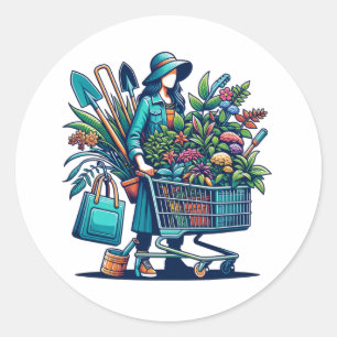 Funny Lady with Shopping Cart full of Plants Classic Round Sticker