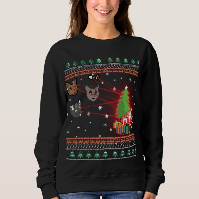 Funny Laser Eyes Cat Ugly Christmas Lights Sweater (Front)