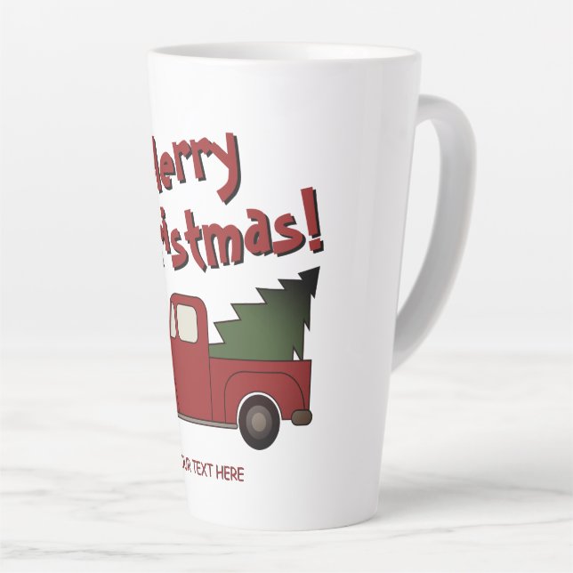 Funny latte mug with red truck and Christmas tree (Right Angle)