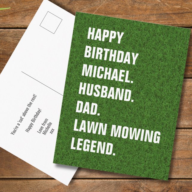 Funny Lawn Mowing Legend Personalized Birthday  Postcard (Personalize with name & message.  All text editable, replace any words with your own)