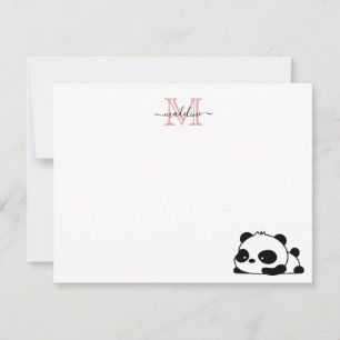 Funny Laying Panda Script Pink Modern Monogram Card
