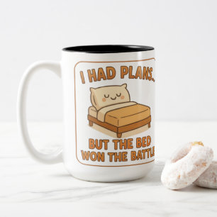 Funny Lazy Cat Mug – "I Had Plans But The Bed Won"